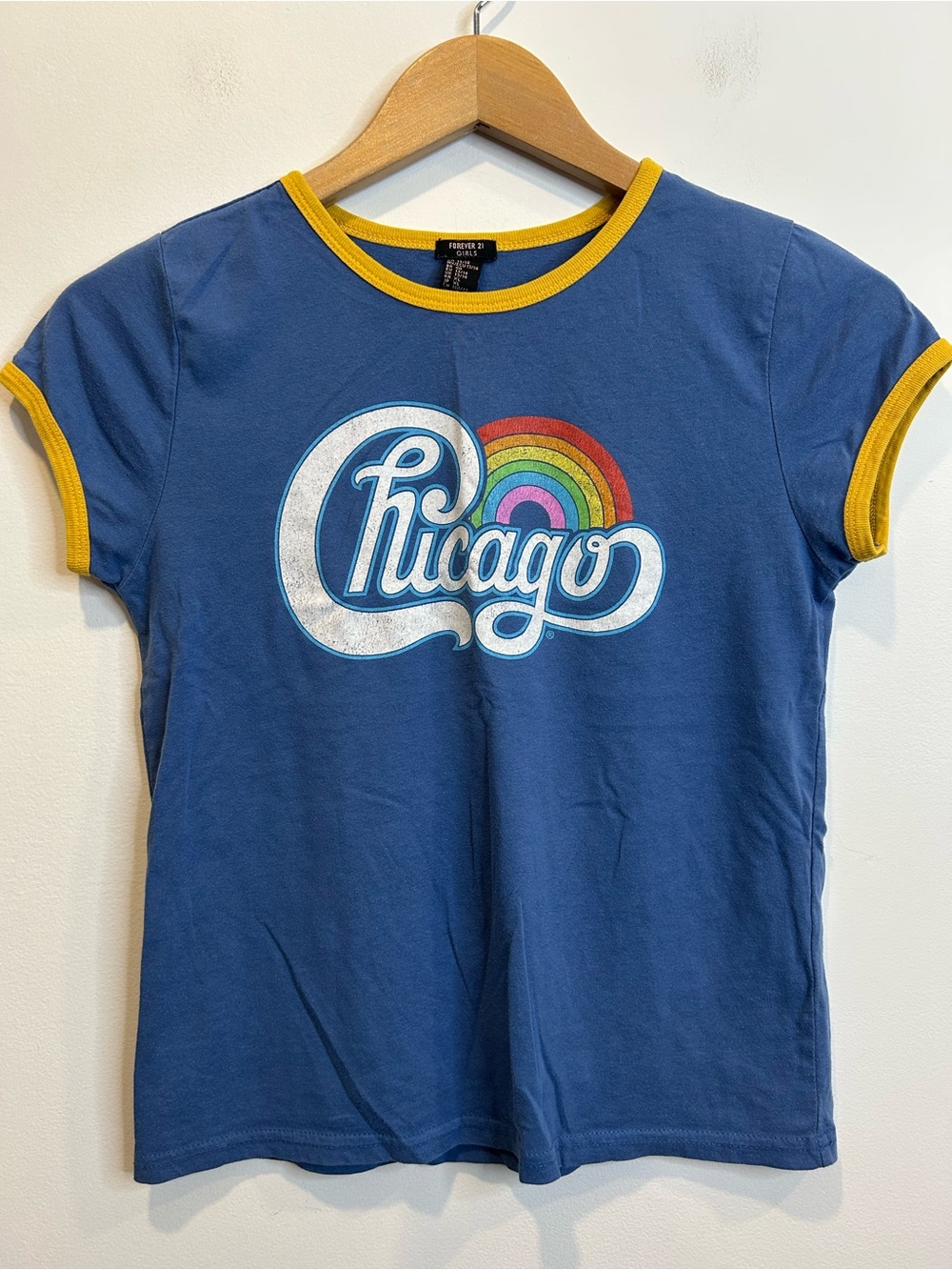 Forever 21 Girl’s Vintage Style Ringer Graphic Tee Chicago Blue